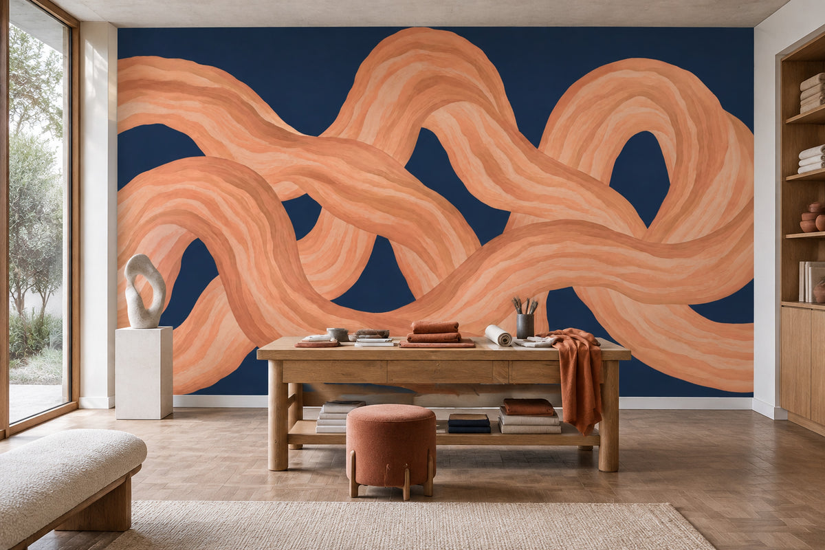 Interlaced Wavy Ribbons Wallpaper Navy Abstract Wall Mural