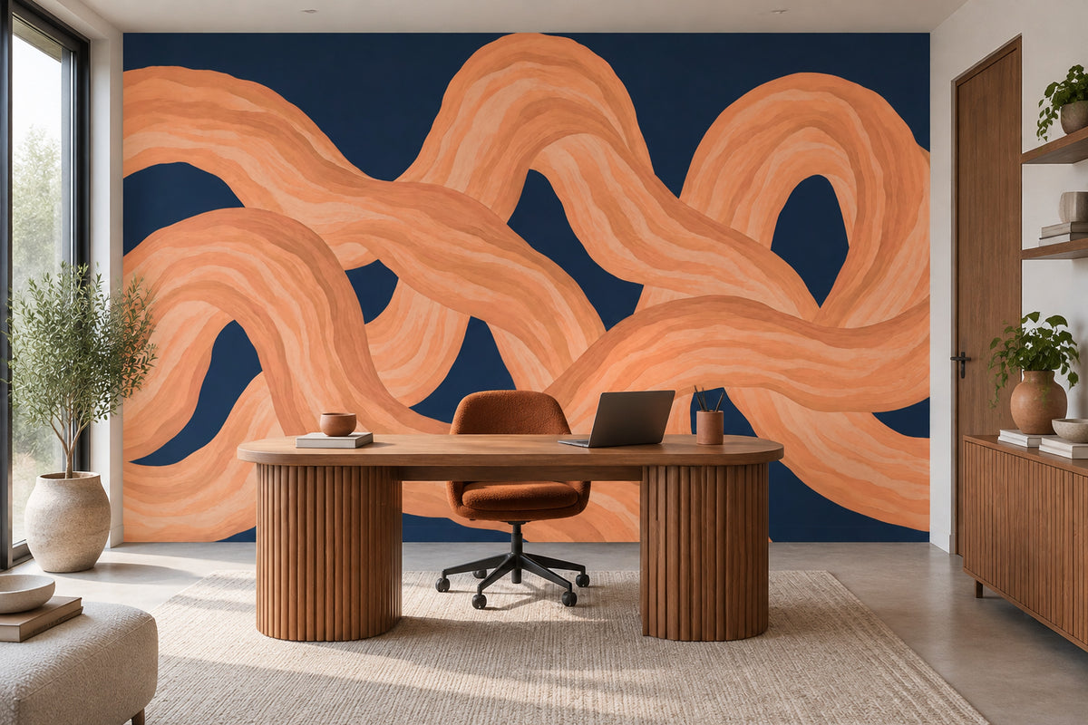 Interlaced Wavy Ribbons Wallpaper Navy Abstract Wall Mural