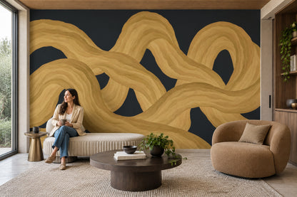Intertwined Gold Ribbons Wallpaper Dark Wood Grain Wall Mural