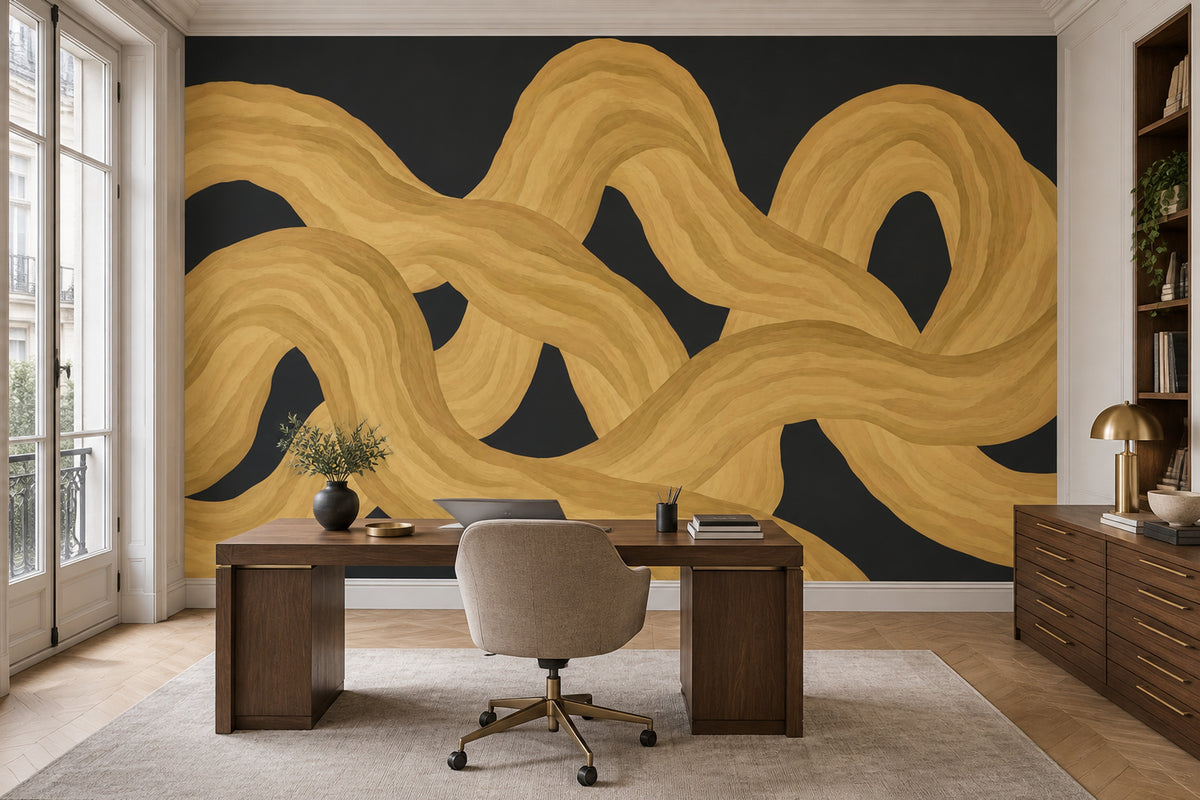 Intertwined Gold Ribbons Wallpaper Dark Wood Grain Wall Mural