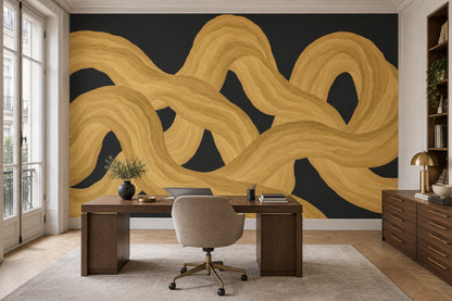 Intertwined Gold Ribbons Wallpaper Dark Wood Grain Wall Mural
