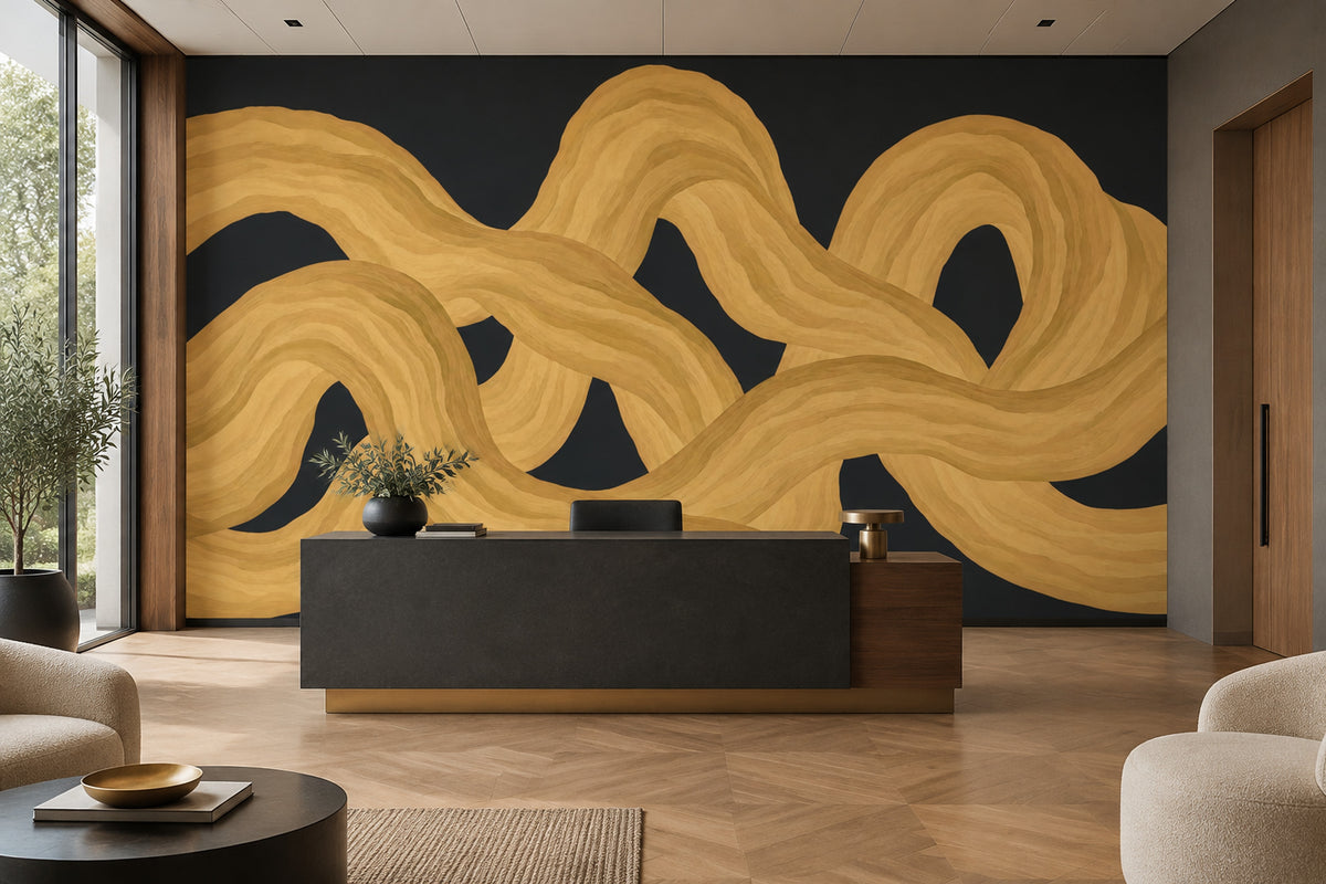 Intertwined Gold Ribbons Wallpaper Dark Wood Grain Wall Mural