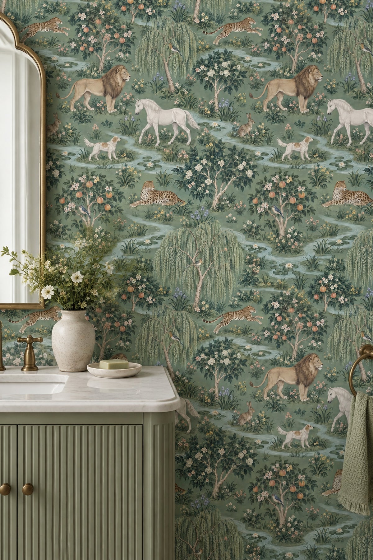 Lions And Leopards Garden Scene Wallpaper Muted Green Chinoiserie