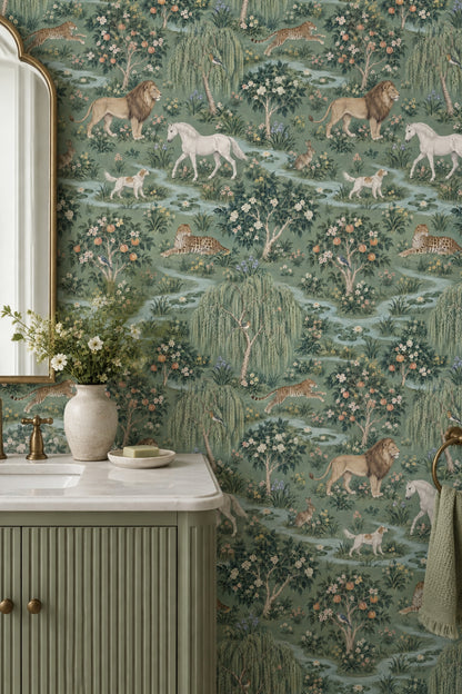 Lions And Leopards Garden Scene Wallpaper Muted Green Chinoiserie