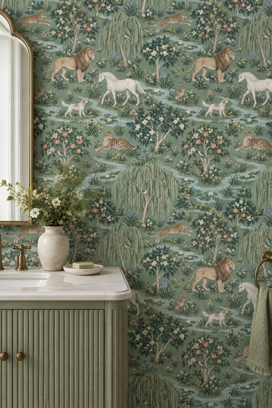 Lions And Leopards Garden Scene Wallpaper Muted Green Chinoiserie