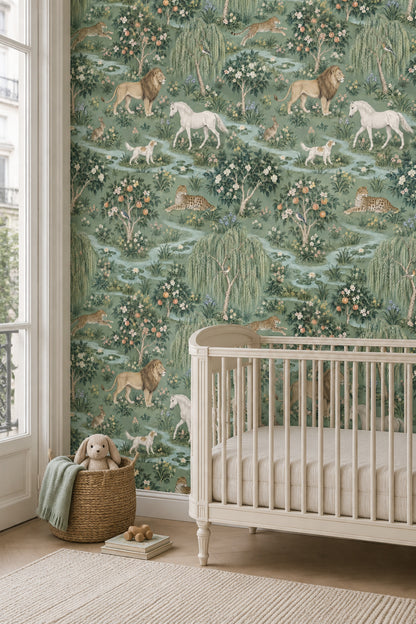 Lions And Leopards Garden Scene Wallpaper Muted Green Chinoiserie