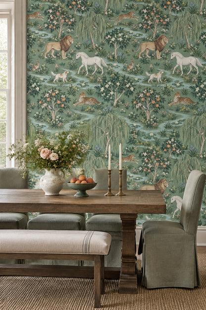 Lions And Leopards Garden Scene Wallpaper Muted Green Chinoiserie