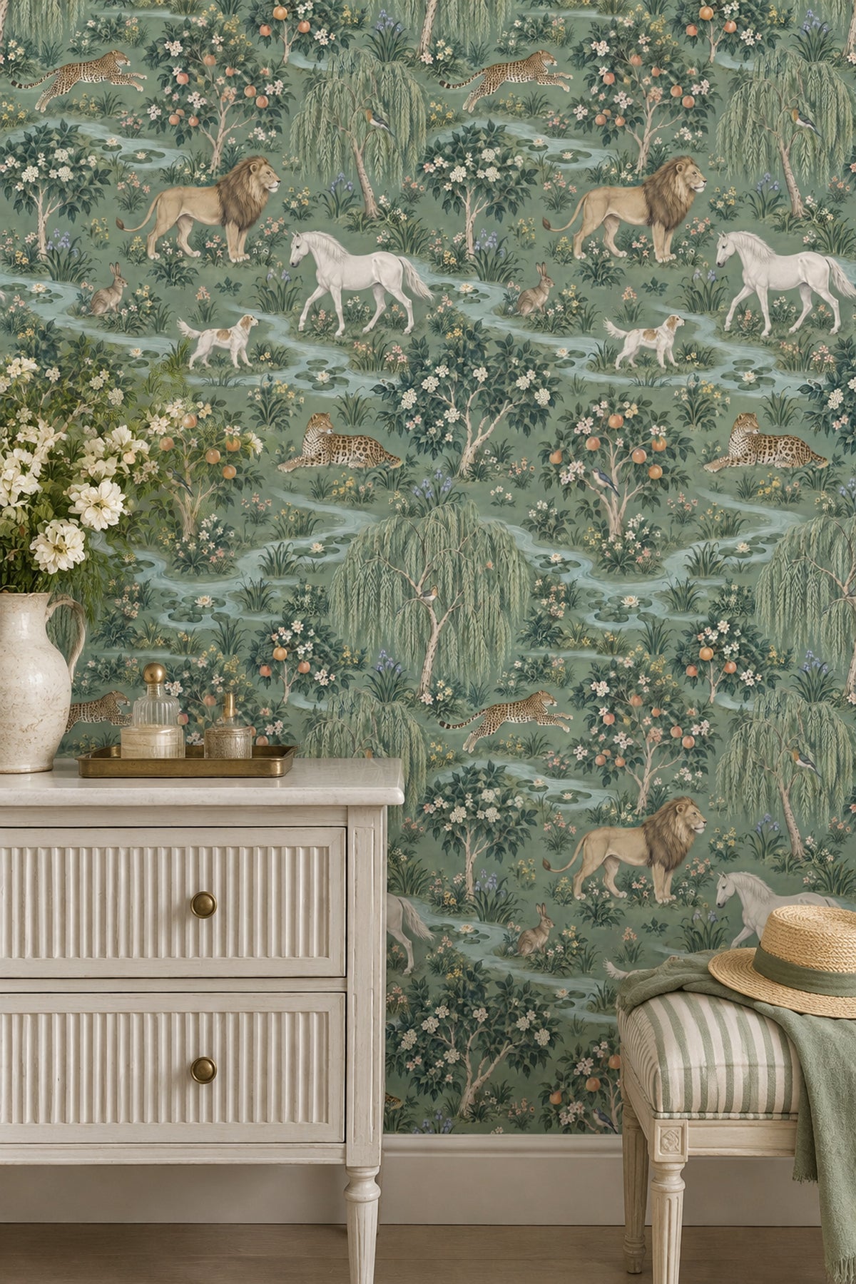 Lions And Leopards Garden Scene Wallpaper Muted Green Chinoiserie