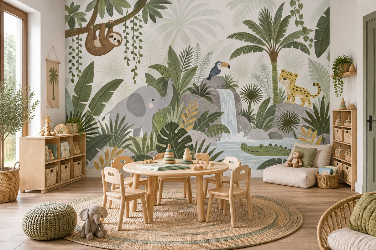 Rainforest Animals Wallpaper Waterfall Scene Wall Mural