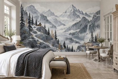 Snowy Mountain Cabin Wallpaper Watercolor Alpine Wall Mural