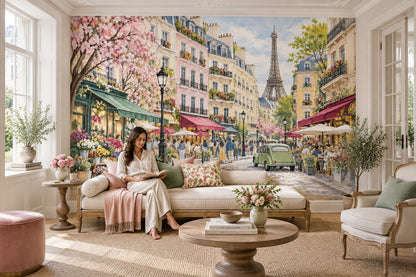 Eiffel Tower Paris Street Wallpaper Watercolor City Wall Mural