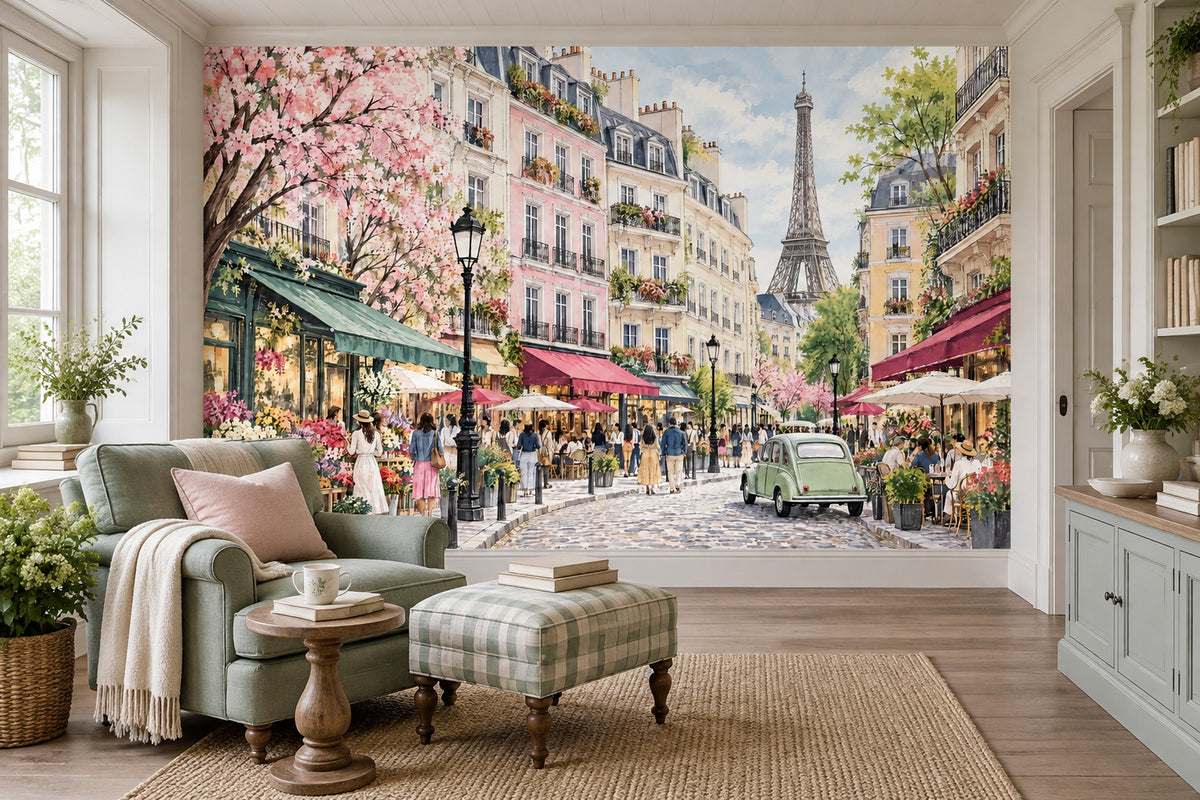 Eiffel Tower Paris Street Wallpaper Watercolor City Wall Mural