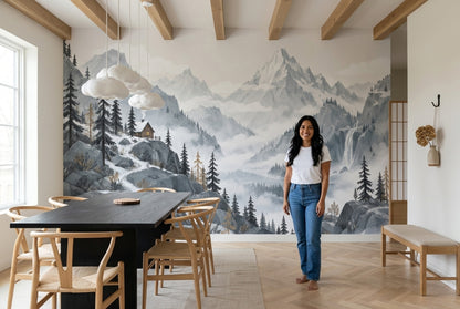 Snowy Mountain Cabin Wallpaper Watercolor Alpine Wall Mural