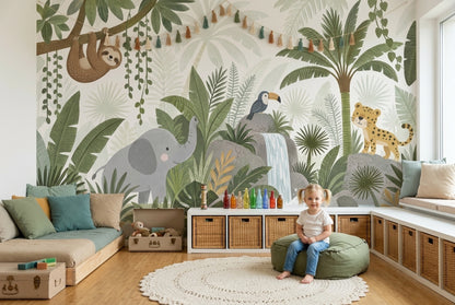 Rainforest Animals Wallpaper Waterfall Scene Wall Mural