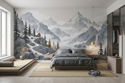 Snowy Mountain Cabin Wallpaper Watercolor Alpine Wall Mural