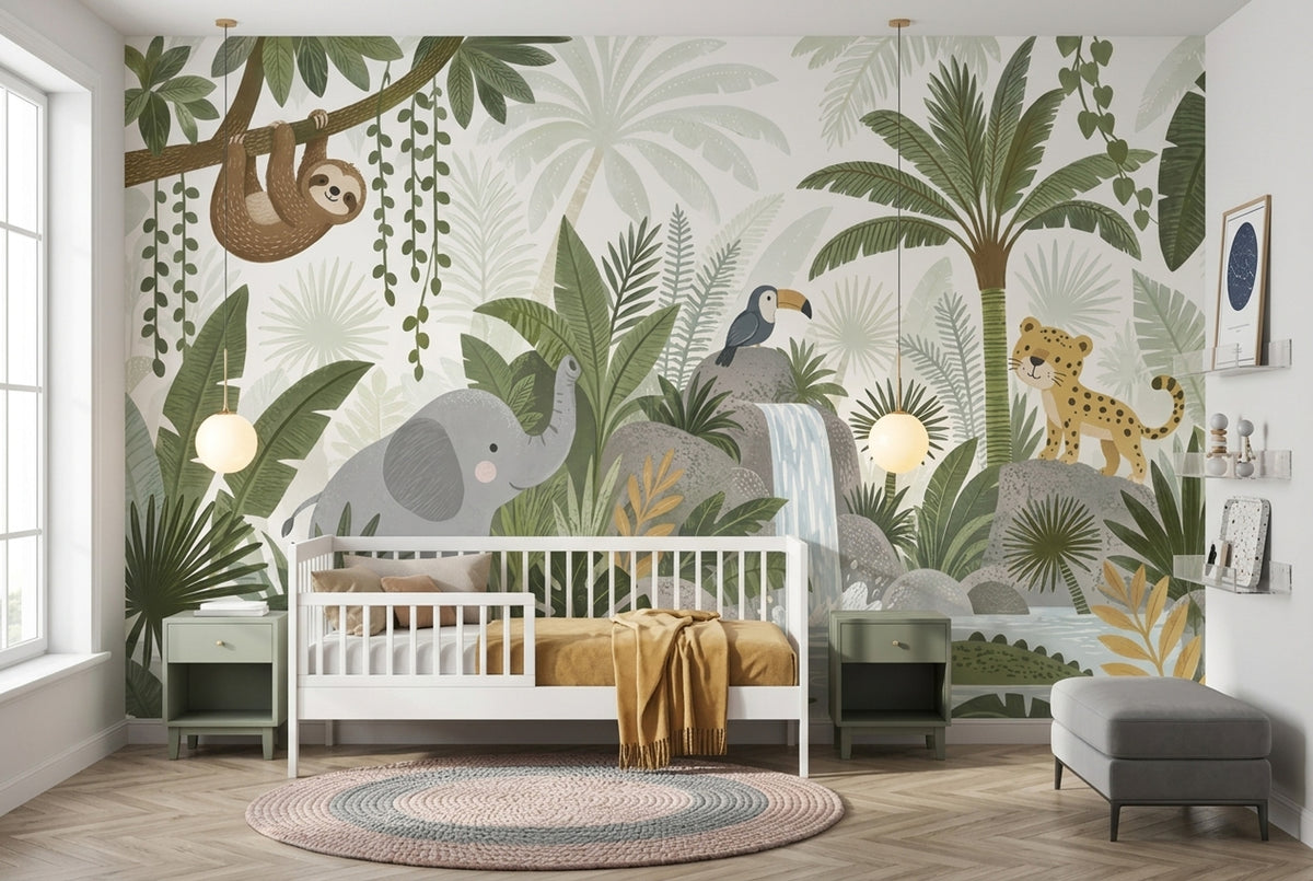 Rainforest Animals Wallpaper Waterfall Scene Wall Mural