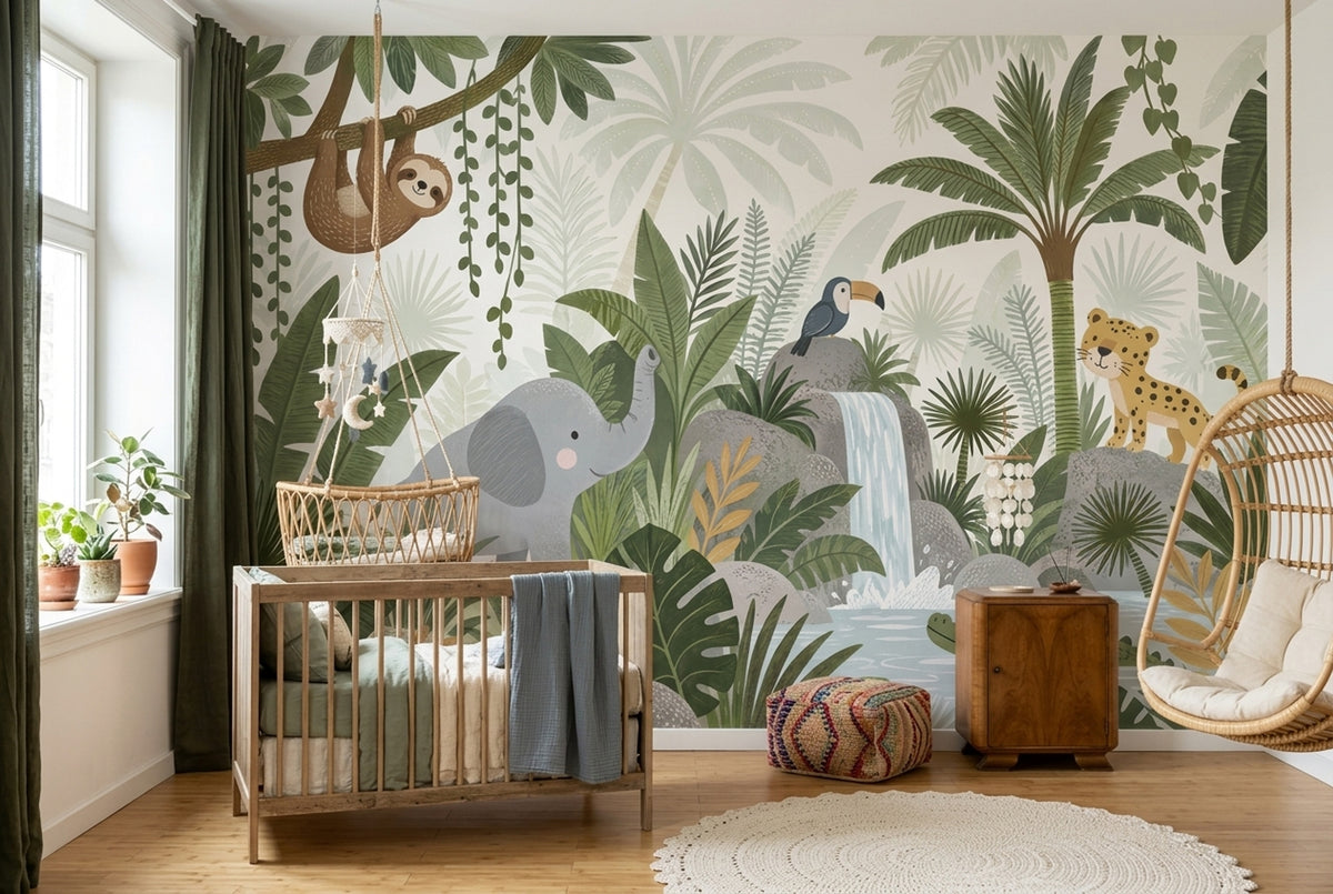 Rainforest Animals Wallpaper Waterfall Scene Wall Mural