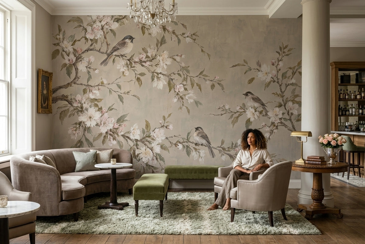 Blossoming Branches And Songbirds Wallpaper Muted Green Chinoiserie Wall Mural
