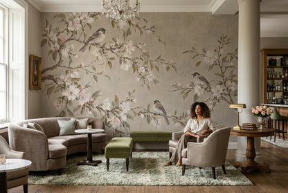 Blossoming Branches And Songbirds Wallpaper Muted Green Chinoiserie Wall Mural