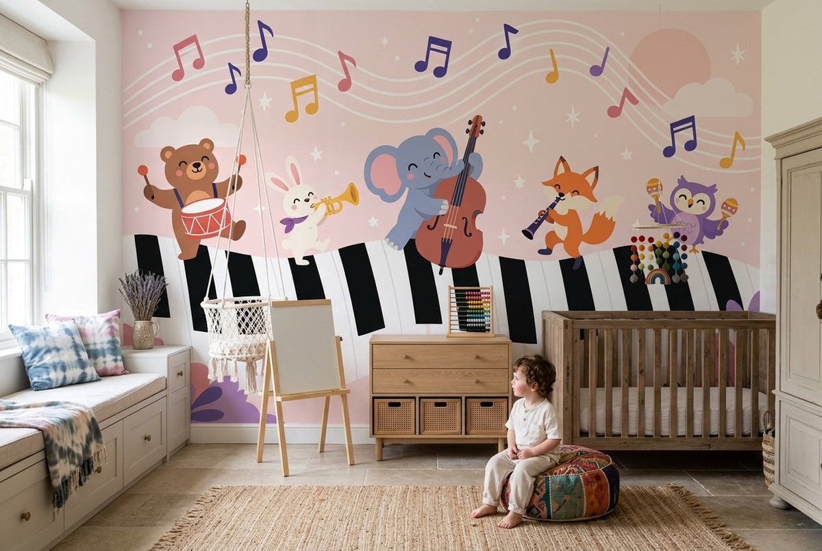 Cartoon Animal Band Wallpaper Piano Keys Wall Mural
