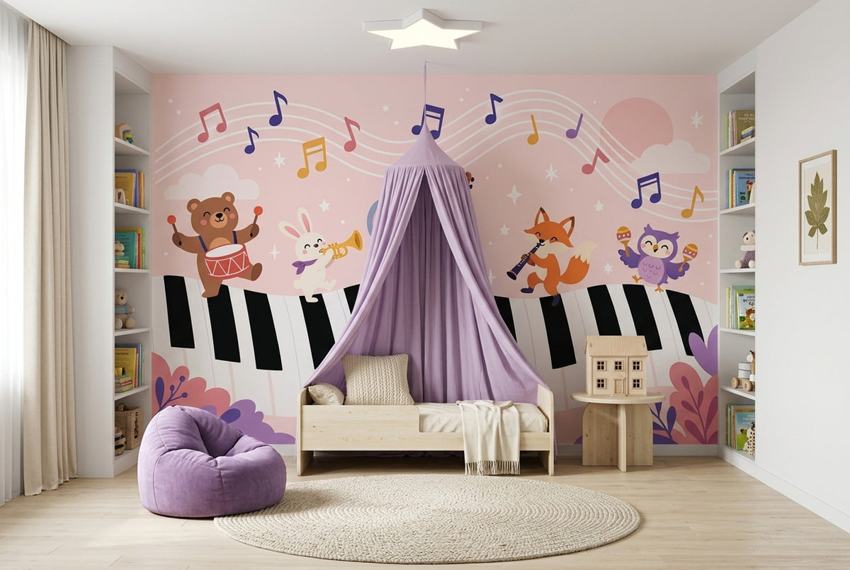 Cartoon Animal Band Wallpaper Piano Keys Wall Mural