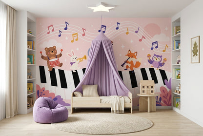 Cartoon Animal Band Wallpaper Piano Keys Wall Mural
