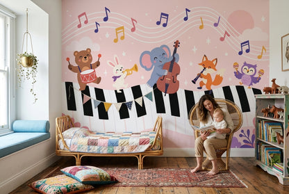 Cartoon Animal Band Wallpaper Piano Keys Wall Mural
