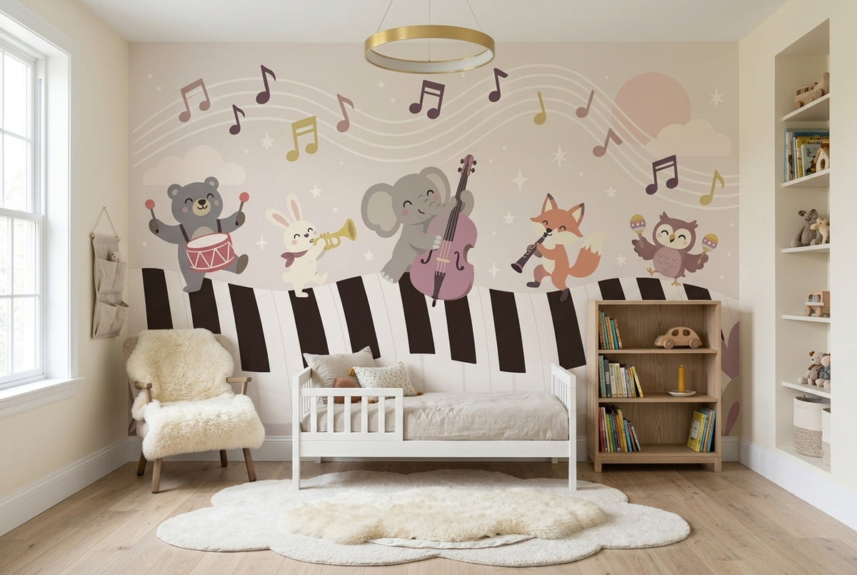 Cartoon Animals On Piano Keys Wallpaper Pastel Nursery Wall Mural