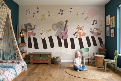 Cartoon Animals On Piano Keys Wallpaper Pastel Nursery Wall Mural