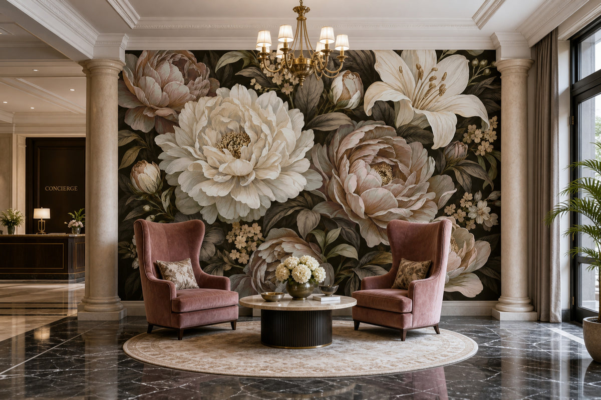 Peony And Lily Bouquet Wallpaper Dark Floral Wall Mural