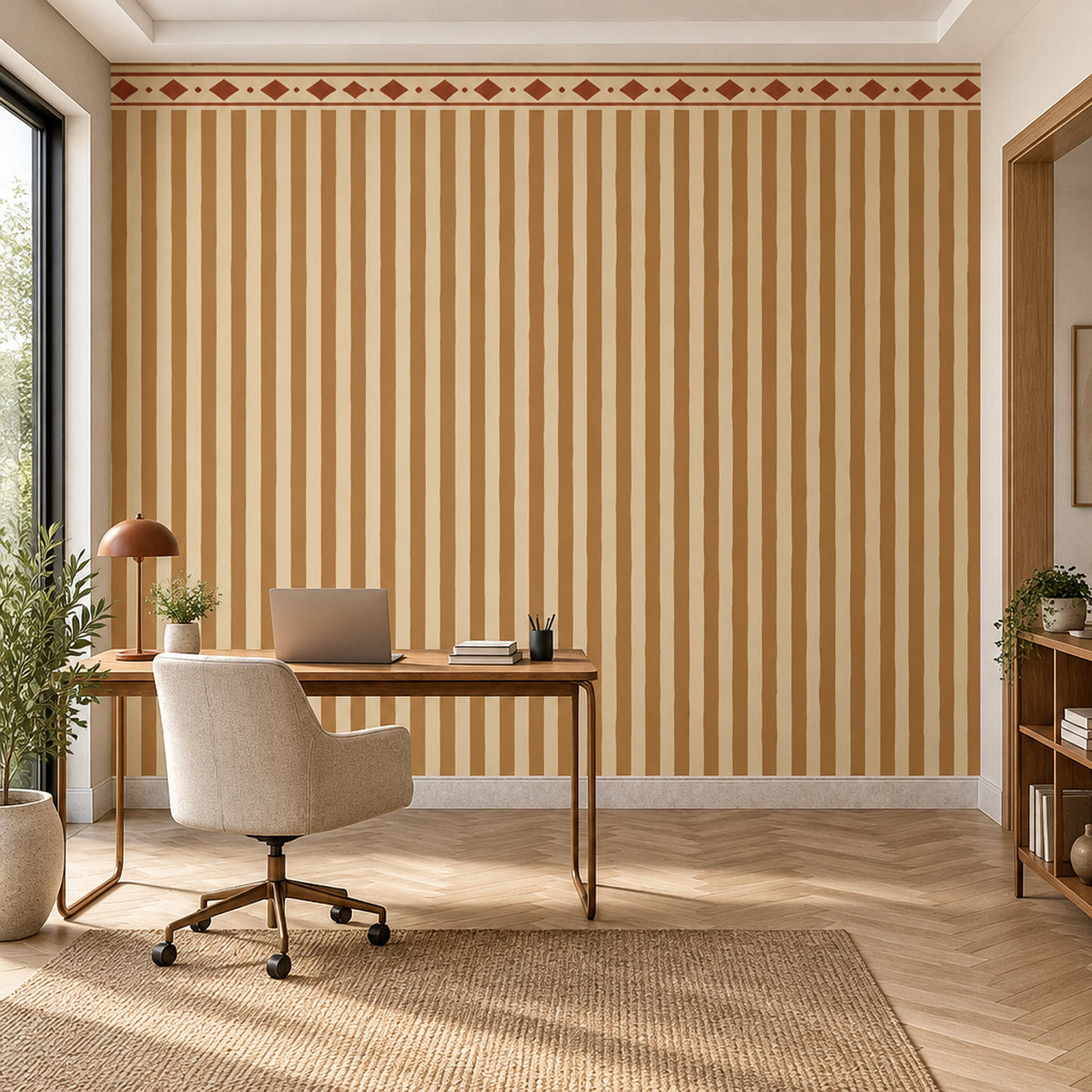 Vertical Stripes And Diamond Border Wallpaper Rustic Tan Wall Mural