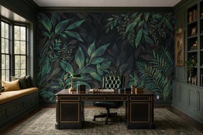 Green Tropical Leaves Wallpaper Gold Accents Wall Mural