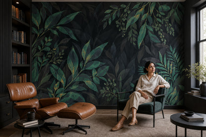 Green Tropical Leaves Wallpaper Gold Accents Wall Mural