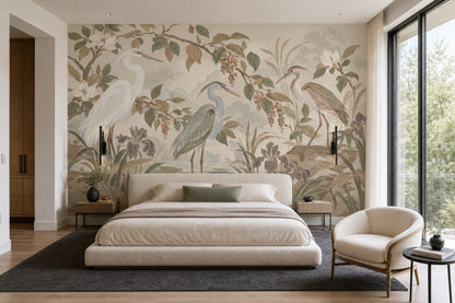 Herons In Marsh Wallpaper Chinoiserie Botanical Wall Mural