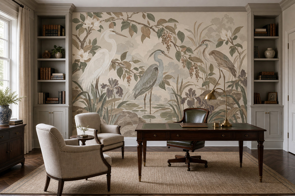Herons In Marsh Wallpaper Chinoiserie Botanical Wall Mural