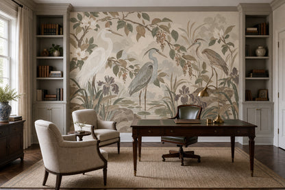 Herons In Marsh Wallpaper Chinoiserie Botanical Wall Mural
