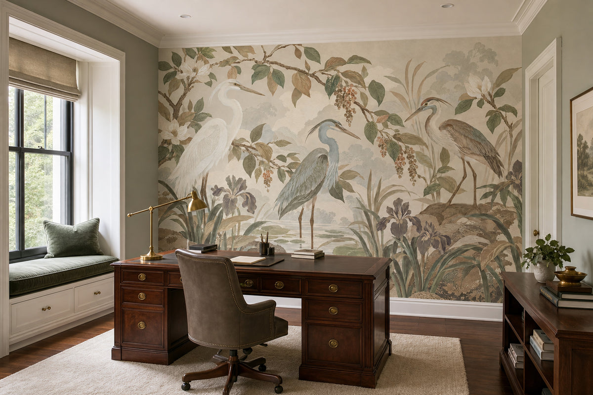 Herons In Marsh Wallpaper Chinoiserie Botanical Wall Mural