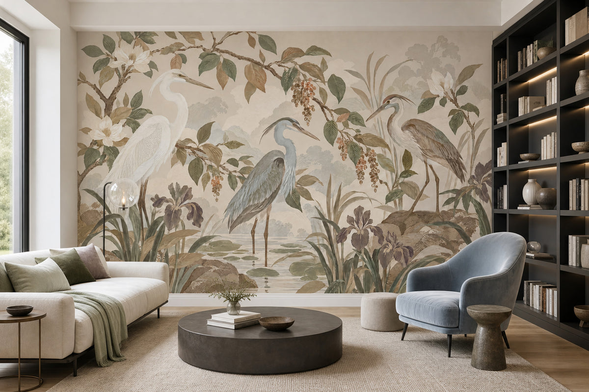 Herons In Marsh Wallpaper Chinoiserie Botanical Wall Mural