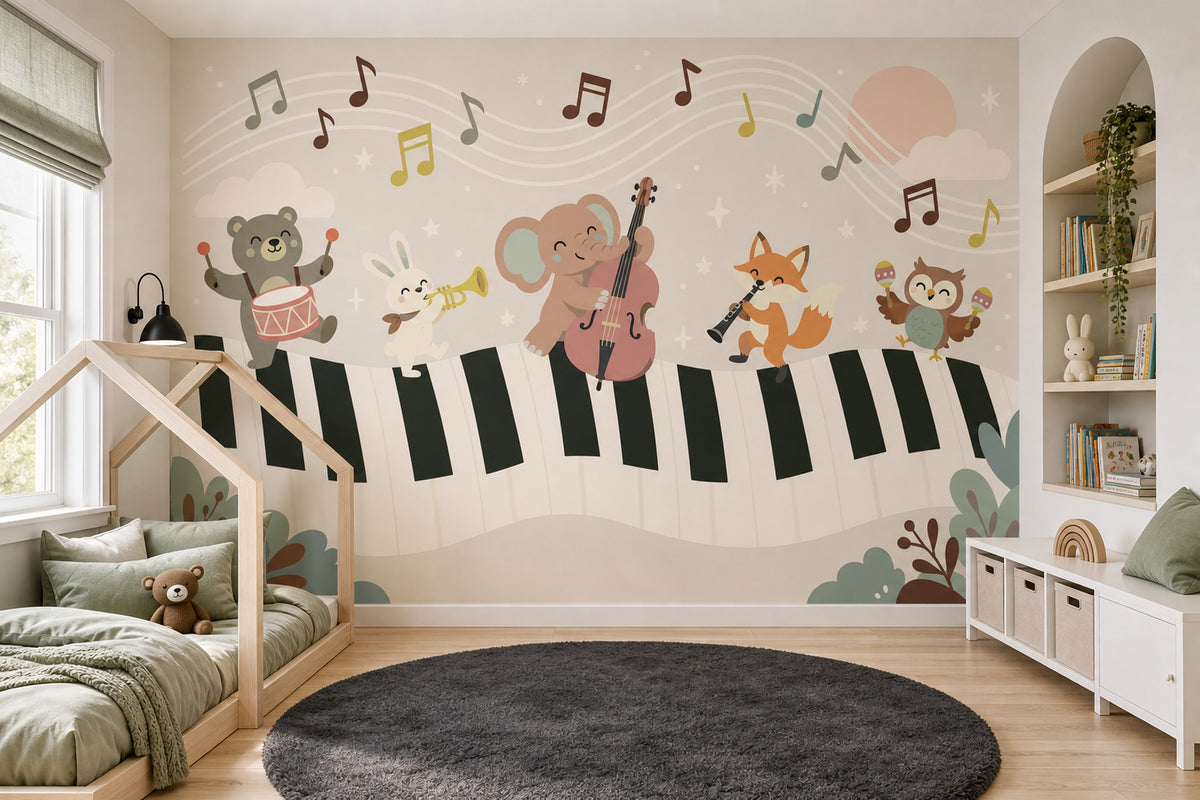 Woodland Animal Band Wallpaper Muted Green Music Wall Mural