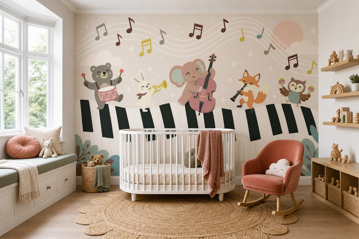 Woodland Animal Band Wallpaper Muted Green Music Wall Mural