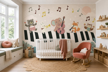 Woodland Animal Band Wallpaper Muted Green Music Wall Mural