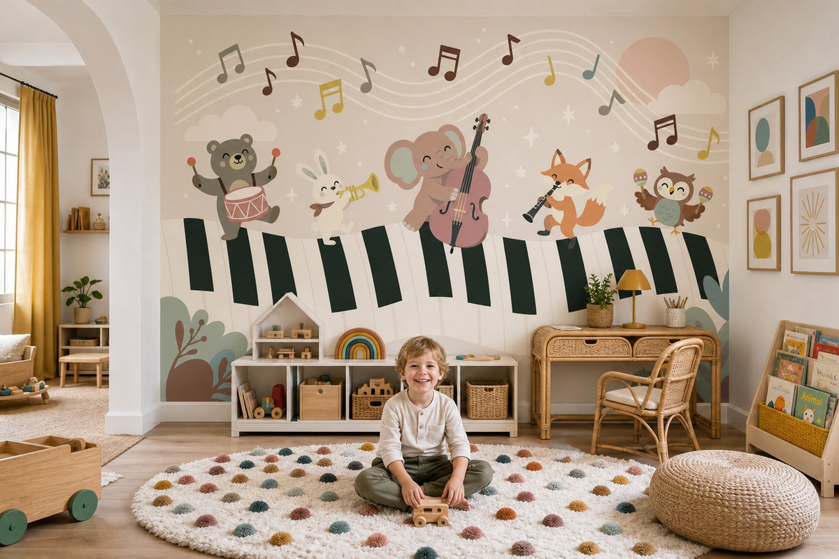 Woodland Animal Band Wallpaper Muted Green Music Wall Mural