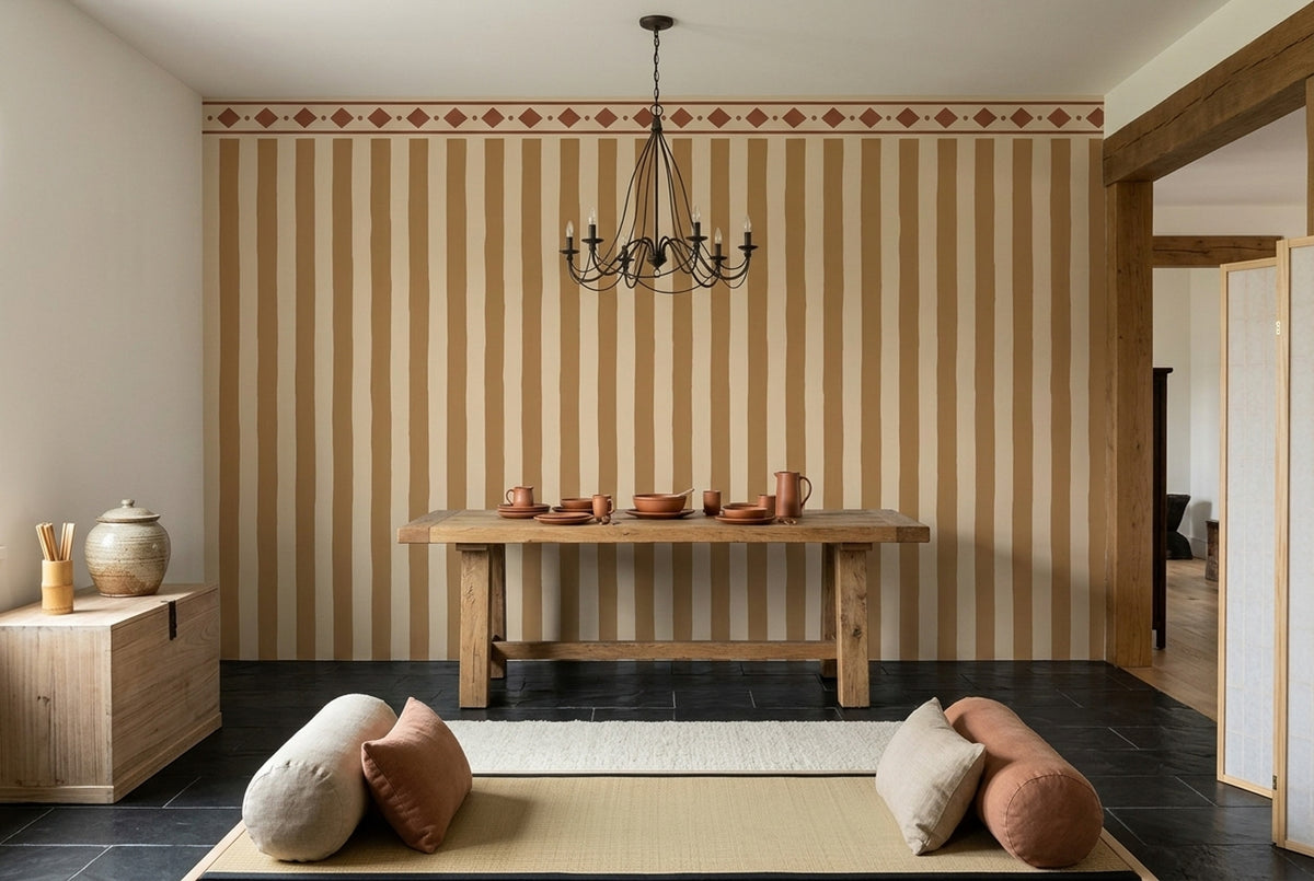 Vertical Stripes And Diamond Border Wallpaper Rustic Tan Wall Mural