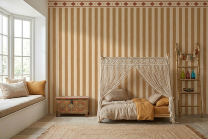 Vertical Stripes And Diamond Border Wallpaper Rustic Tan Wall Mural