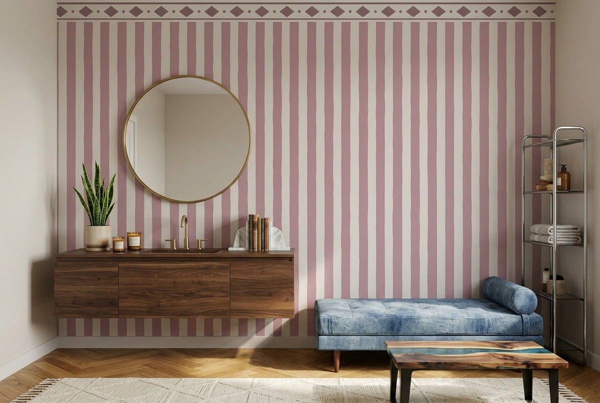 Pink Vertical Stripes Wallpaper Diamond Border Wall Mural