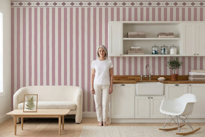 Pink Vertical Stripes Wallpaper Diamond Border Wall Mural