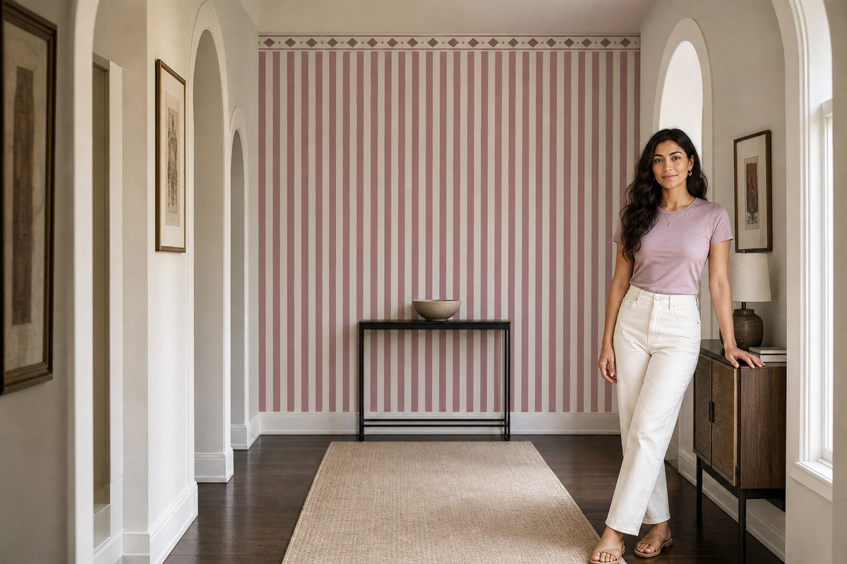 Pink Vertical Stripes Wallpaper Diamond Border Wall Mural