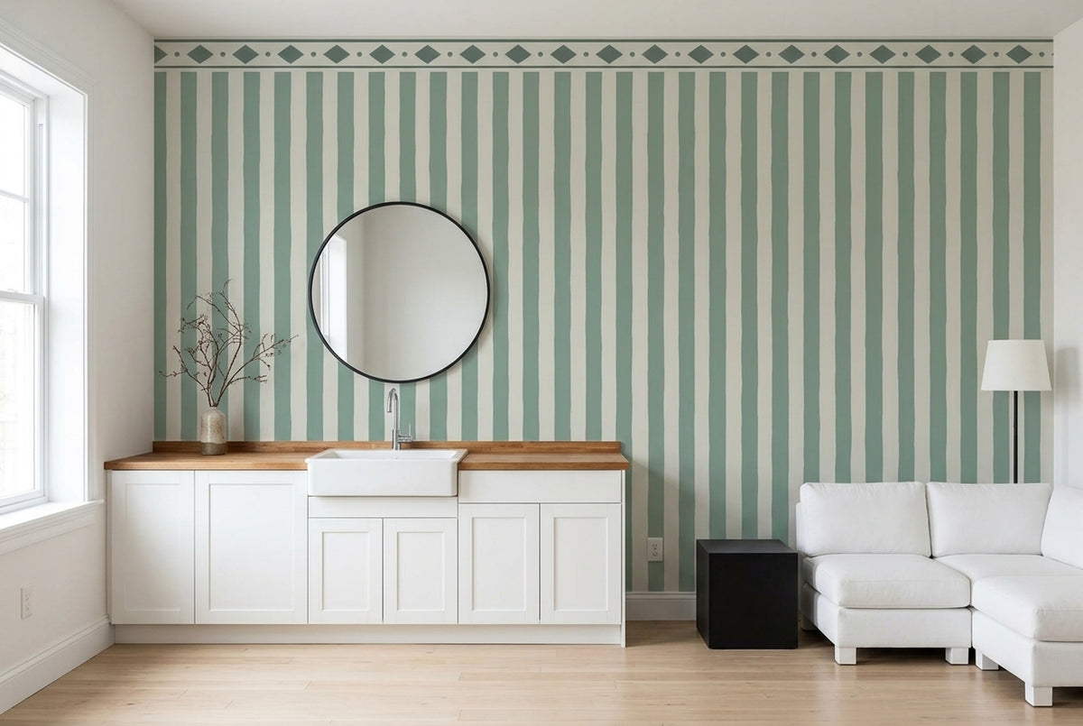 Sage Green Vertical Stripes Wallpaper Geometric Border Wall Mural