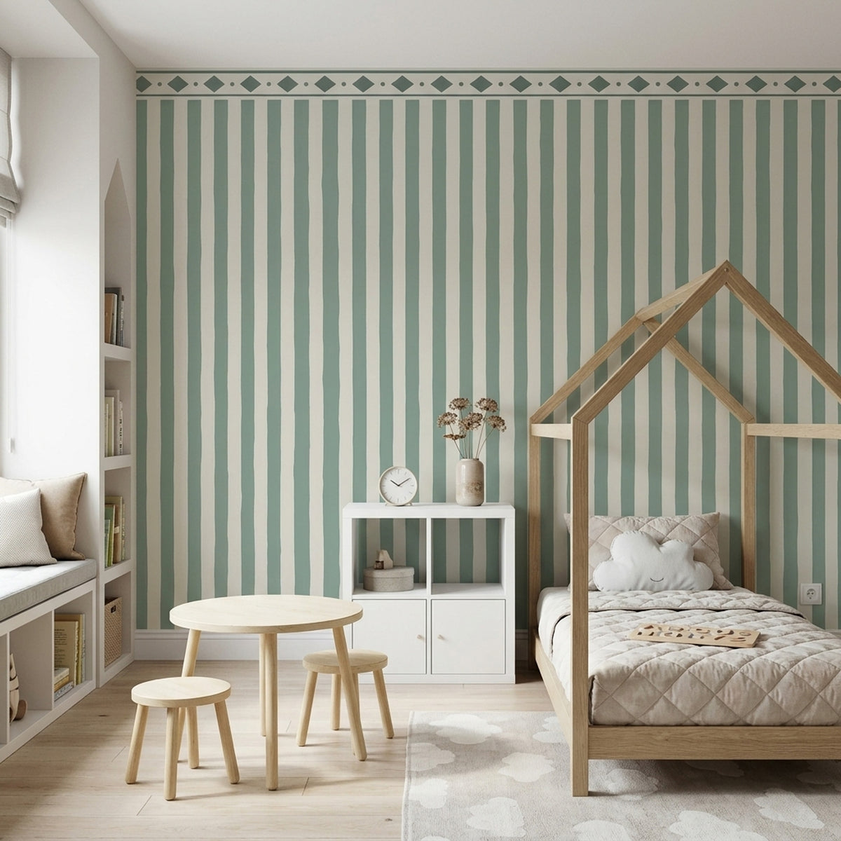 Sage Green Vertical Stripes Wallpaper Geometric Border Wall Mural