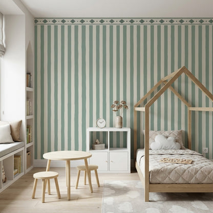 Sage Green Vertical Stripes Wallpaper Geometric Border Wall Mural